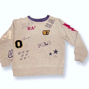 Polo Ralph Lauren ink print themed appliqué grey sweatshirt navy collar. Boys 6.